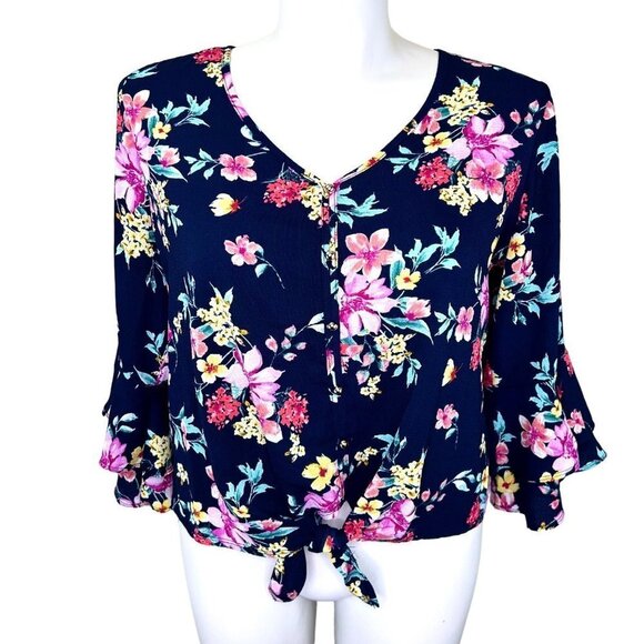 NAVY BLUE FLORAL BOHO TIE FRONT GOLD BUTTON BELL SLEEVE TOP - XL - Picture 1 of 5